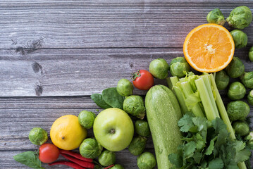 Fresh vegetables and fruits on the table for healthy food and nutrition
