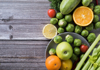 Organic fresh food for proper nutrition, diet on a wooden table