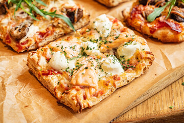 slice of italian pizza in the pizzeria