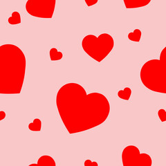 Simple hearts seamless pattern. Valentines day background. Flat design endless chaotic texture made of tiny heart silhouettes. Shades of red. Read hearts at pink background