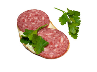 Sandwich with salami,  melted cheese and parsley. Homemade food. Food in a hurry.