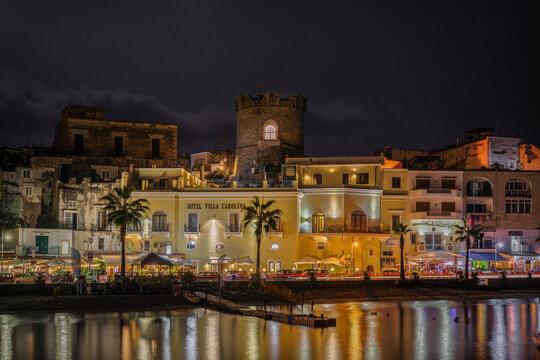Night view of Forio marina in Ischia, a pretty fishing village full of bars and restaurants, Italy