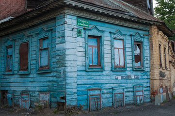 Beautiful blue wooden house in Kazan, Russia. View of the street with no people