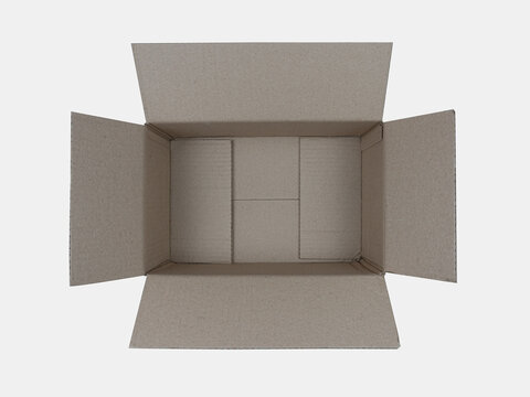 Open empty rectangular cardboard box on white background. Top view