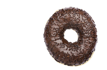 Delicious donut decorated with sprinkles on a white background.