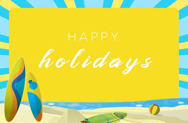 'Happy Holidays' card with beach, surfboard and ball.