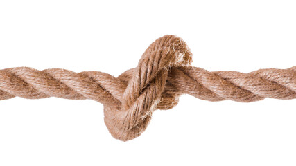 Strong wide beige light texture rope with node, junction isolated on a white background.