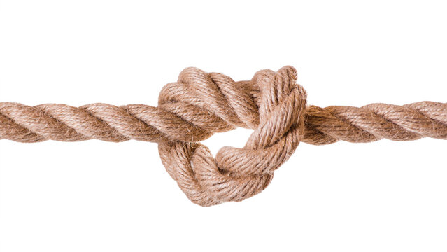 Strong wide beige light texture rope with node, junction isolated on a white background.