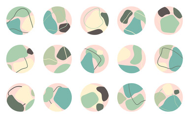 Round icons with doodle geometric shapes. Trendy highlight covers collection template. Minimal organic abstract round background set. Vector illustration