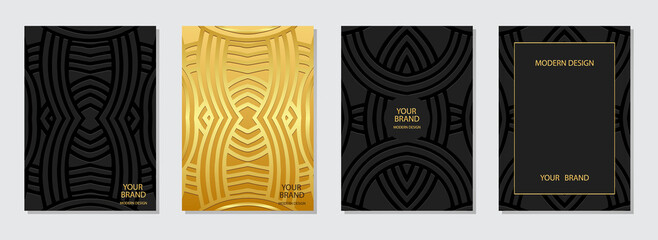 Cover design set, vertical templates. A collection of luxury embossed black and gold backgrounds. Geometric ethnic 3d pattern. Handmade style of the peoples of the East, India, Mexico, Aztecs.