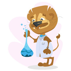 a lion in a medical uniform with a flask