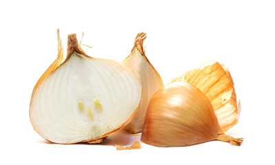 Onion bulb sliced in half isolated on white 