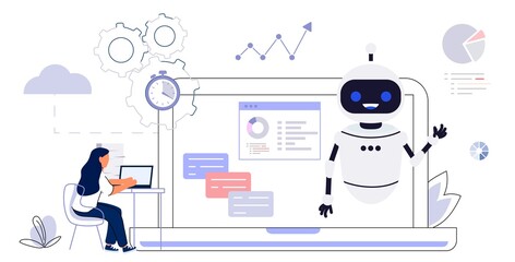 RPA Robotic process automation innovation technology Artificial intelligence web banner layout Business industry, bot, algorithm, coding, analyze, automate, check and loop Vector illustration concept