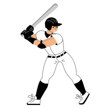 Baseball player with bat in form and cap. Vector flat illustration isolated on white background Batter with bat in sports uniform. Professional competition, entertainment, hobby concept