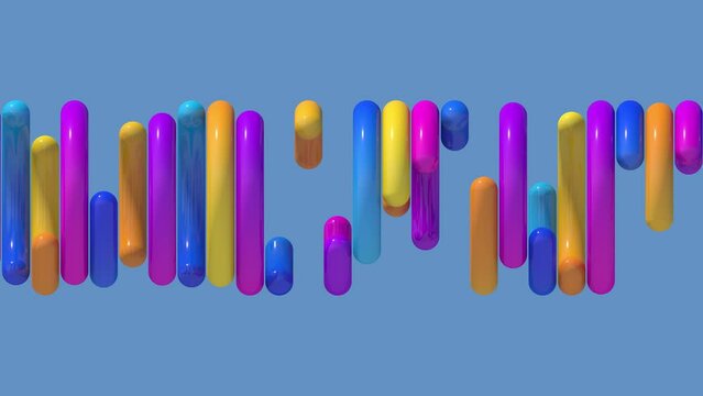 Bright colorful circles in a row. Blue background. Abstract animation, 3d render.