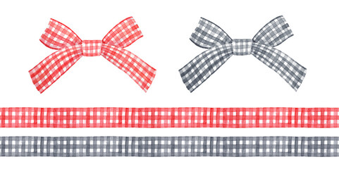 Watercolour illustration collection of seamless repeatable gingham ribbons and gift bows in red and black colors. Hand painted graphic drawing, isolated objects for print, card, banner, invitation. - 484250528