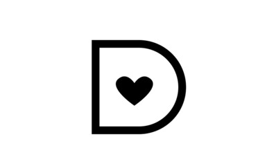 D love heart alphabet letter icon logo with black and white color and line. Creative design for company or business