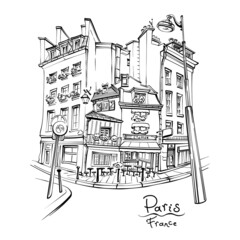 Vector hand drawing. Typical parisain house with cafe and lanterns, Paris, France.