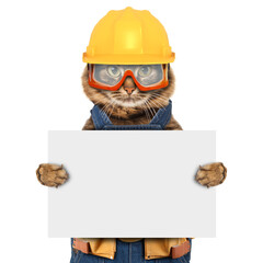 Funny cat is wearing a suit of builder. Craftsman on the white background. It is holding a white banner for text. © Sergey