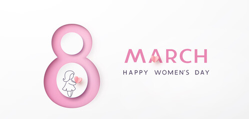 Women's Day greeting card or banner with pink 3D papercut number and drawing girl. Vector 8 March international holiday poster template