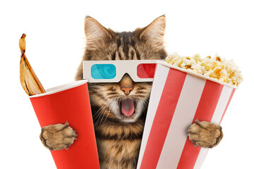 Funny cat in the 3d glasses with popcorn basket and a cup of soda.  Funny cat watching a movie.