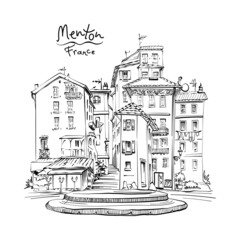 Vector hand drawing. Typical Provencal houses in Menton, Provence, France - obrazy, fototapety, plakaty