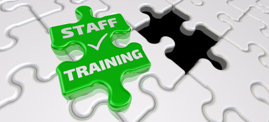 Staff training. The inscription on the missing element of the puzzle. Folded white puzzles elements and one green with text STAFF TRAINING. 3D illustration