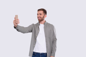 Man Having Video Call on Phone Isolated. Man Video Call. Man Using Phone.