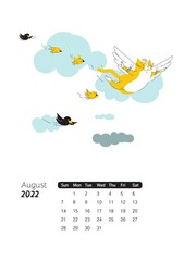 Yellow Cat - сalendar for August 2022 with сartoon сharacter cat