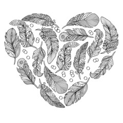 Coloring page with abstract heart-shaped feathers