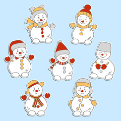 A set of stickers with cute snowmen