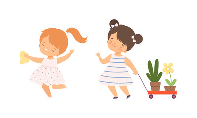 Little Girl Taking Care of Planet and Nature Pulling Trolley with Trees Vector Illustration Set