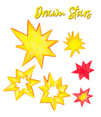 Pencil drawn yellow stars clipart, starry elements, hand drawn stars objects, isolated, stickers, red stars 