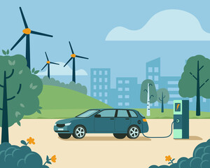Electro car charging of the background green landscape and cities. The concept of environmentally friendly renewable energy of the future. Colored vector illustration, flat style.