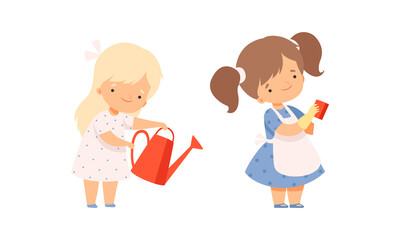 Little Girl Taking Care of Planet and Nature Standing with Watering Can and Sponge Vector Illustration Set