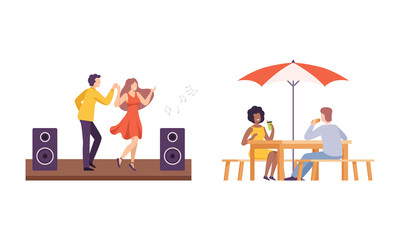 People in the Park Dancing to Music and Sitting at Cafe Eating Enjoying Leisure Activity Vector Illustration Set