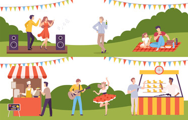 People Walking in the Park Having Picnic and Dancing to Music Enjoying Leisure Activity Vector Illustration Set