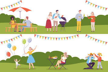 Obraz na płótnie Canvas People Having Barbecue in the Park Eating and Talking Enjoying Leisure Activity Vector Illustration Set