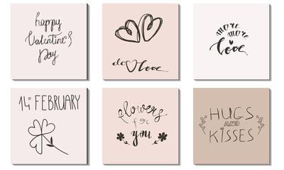 A set of postcards for Valentine's Day in pastel beige colors with inscriptions