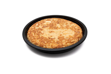 Potato omelette in a plastic container. Isolated on white background. Prepared food concept.