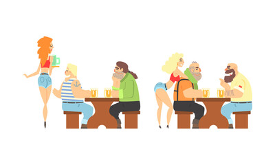 Brutal Man at Bar Table Drinking Beer with Sexy Waitress Serving Them Vector Set