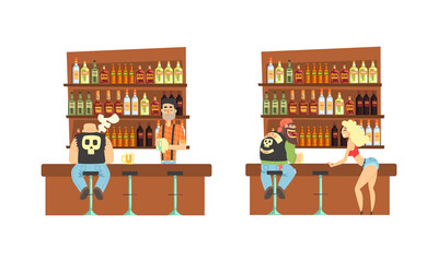 Brutal Man at Bar Table Drinking Beer with Sexy Waitress Serving Them Vector Set