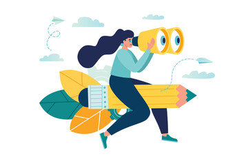 woman designer flies astride pencil and looks for creative ideas , talented creative workers. girl creative artist designer flies on pencil rocket looks through binoculars looking for ideas vector