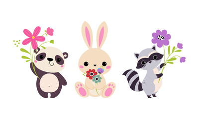 Cute Animal Holding Flower on Stalk with Paws Vector Illustration Set