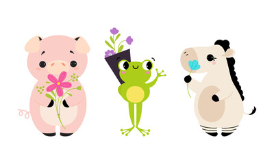 Naklejka premium Cute Animal Holding Flower on Stalk with Paws Vector Illustration Set