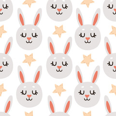 print with the faces of gray bunnies and golden stars isolated on a white background. cute easter children's vector seamless pattern. rabbit, hare