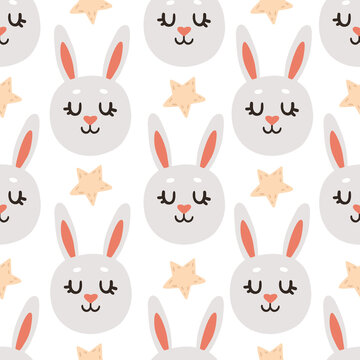 print with the faces of gray bunnies and golden stars isolated on a white background. cute easter children's vector seamless pattern. rabbit, hare