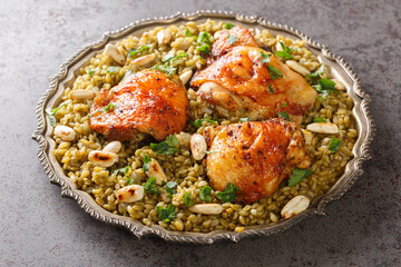 Plate of Traditional Syrian Freekeh with roasted chicken and almond closeup on the table. Horizontal