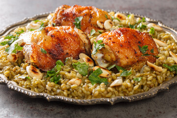 Groats Freekeh with chicken is such a well rounded Arabic meal closeup in the plate on the table. Horizontal