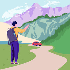 Boy hitchhiking at the side of the road. Backpaker catching the car. thump up. Adventure, trip, travel. Colourful cartoon vector landscape with mountain, plain and road. Back view.